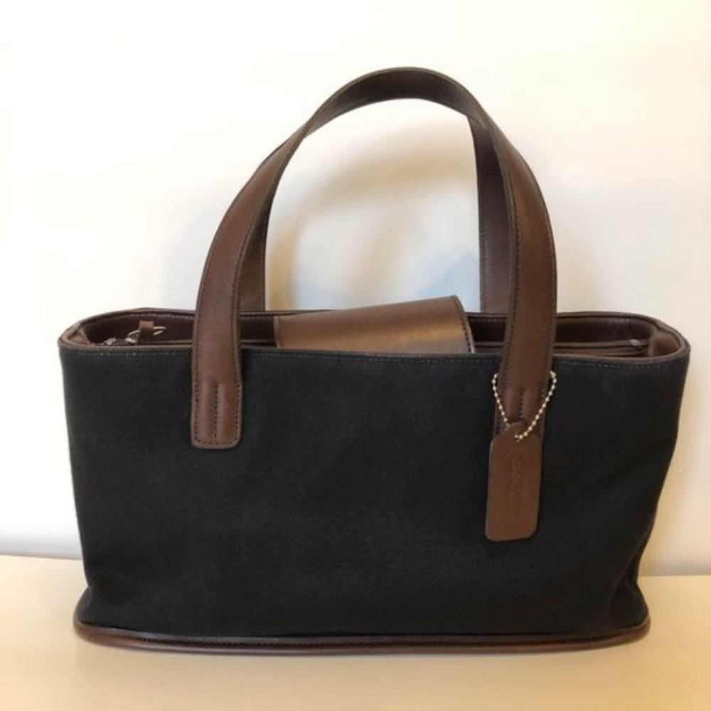 Vintage COACH Black Canvas Authentic Shoulder Bag Brown Leather
